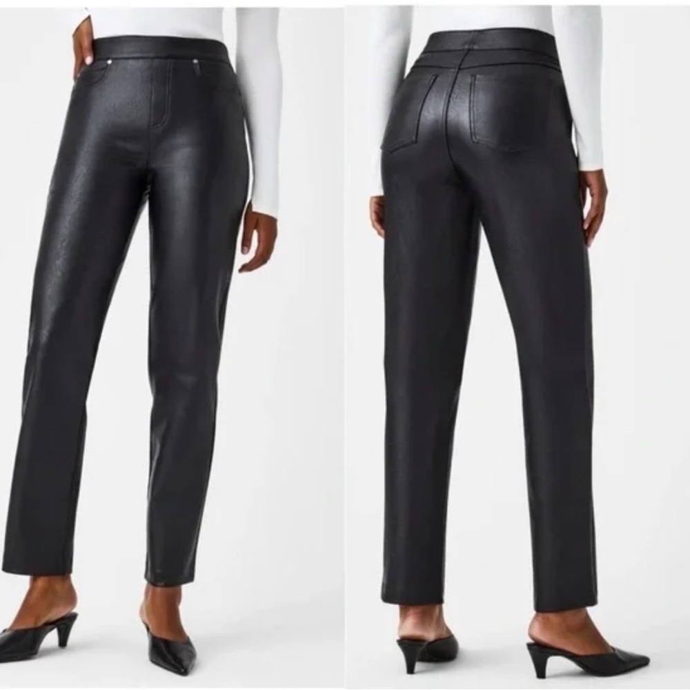 Spanx Faux Vegan Leather Slim Straight Pants in Luxe Black Size M